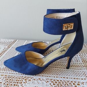 Nicole Miller Navy Suede Ankle-Strap Pointed-Toe Heels